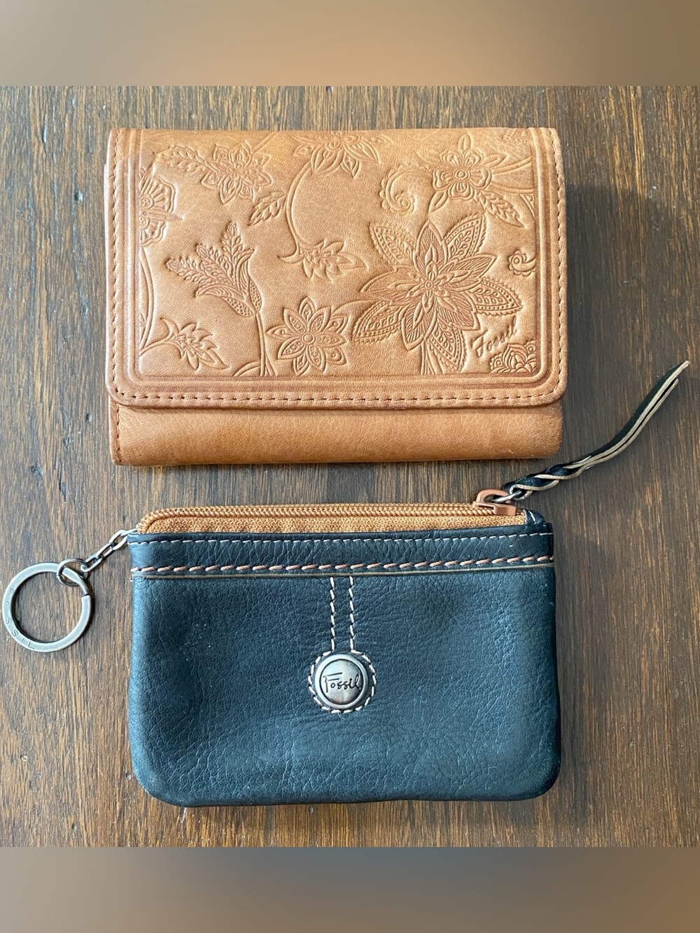 2 Fossil Brown Leather Wallet Coin Purse Zipper Pouch Logo Key Ring Lot Vintage